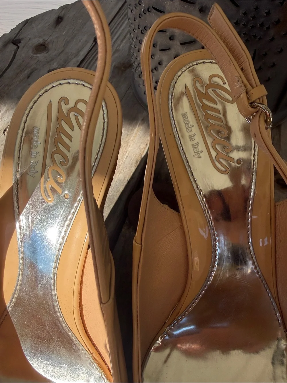 Gucci Beige/Tan Peep-Toe Slingback Wedge Heels